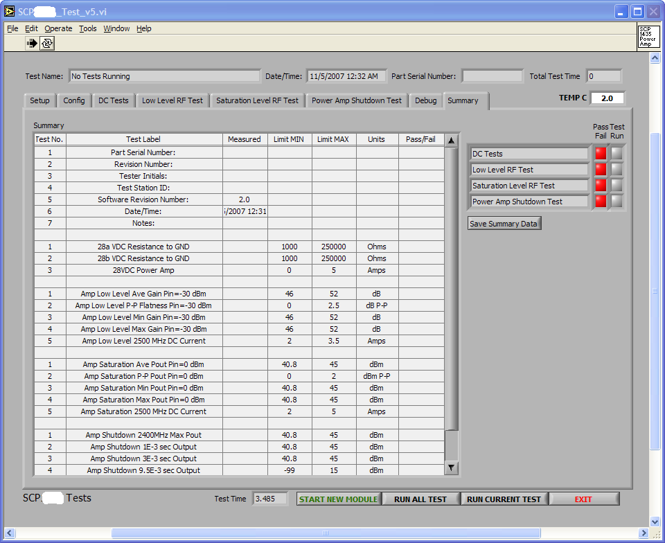R. A. Wood Associates Power Amp test software panel